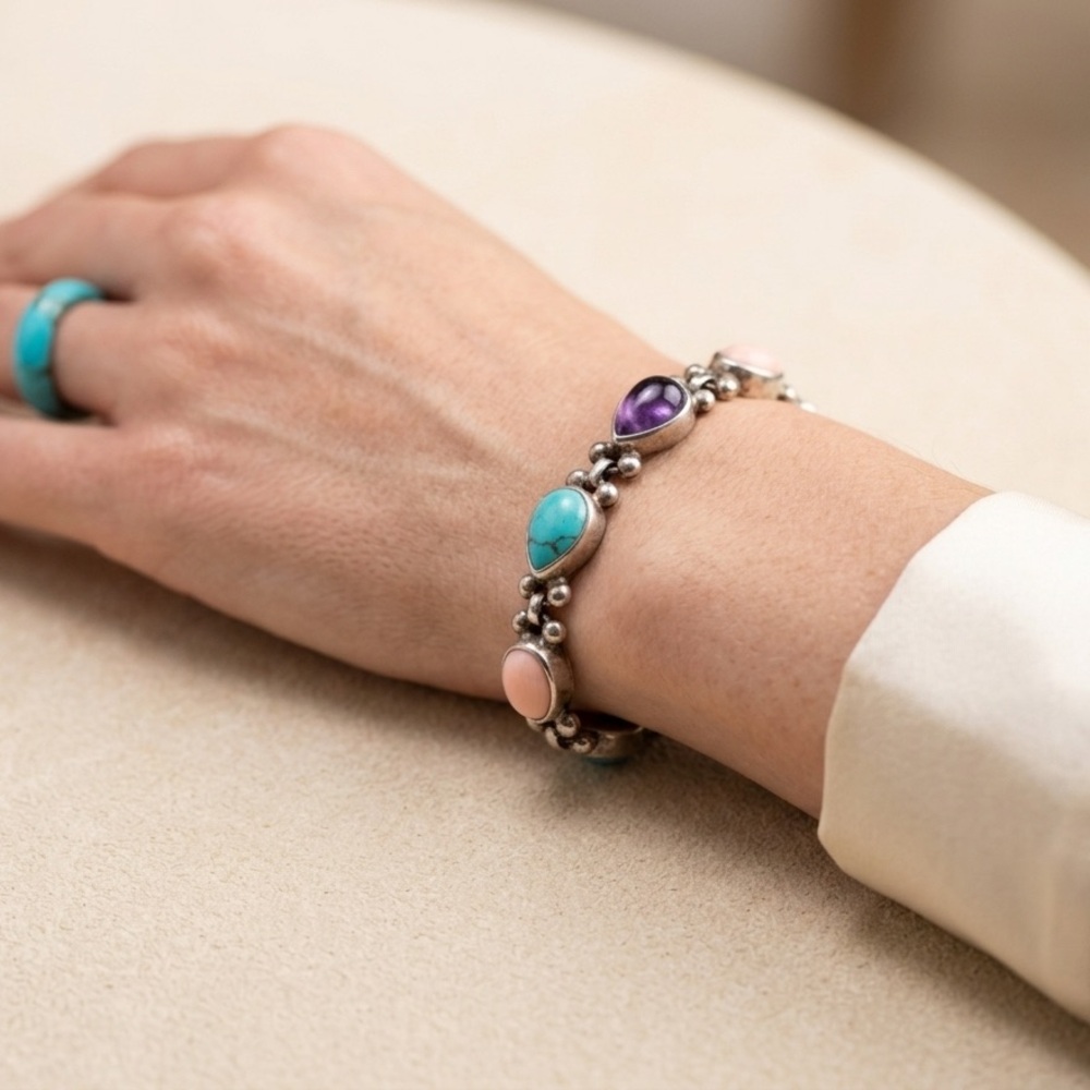 Sterling Silver SH Multi Stone Toggle Bracelet Turquoise Coral Amethyst Artisan - Picture 5 of 12
